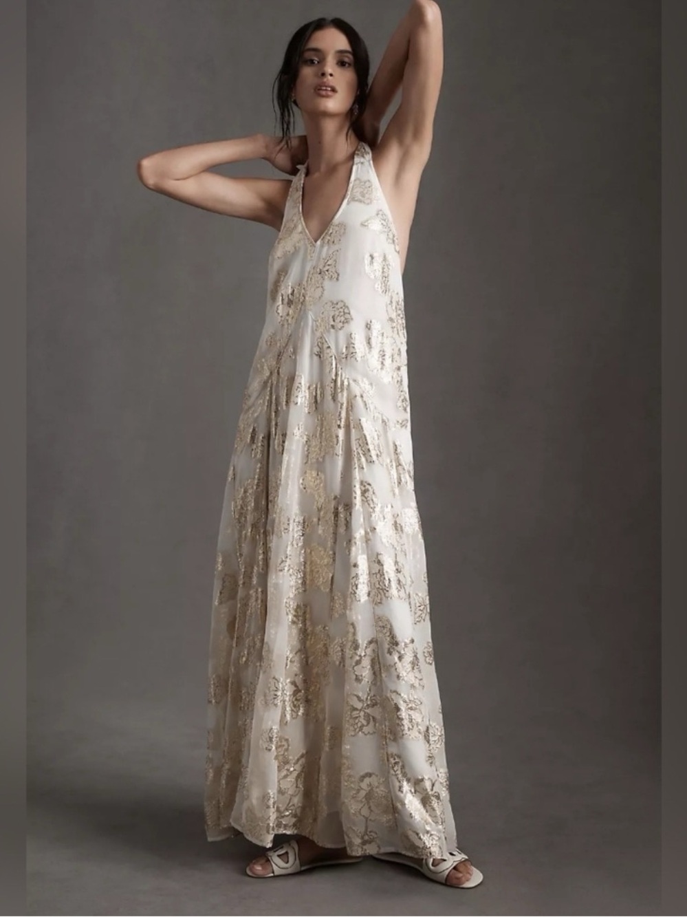 Free People Ivory Halter Maxi with Gold Floral Embroidery - Picture 7 of 9